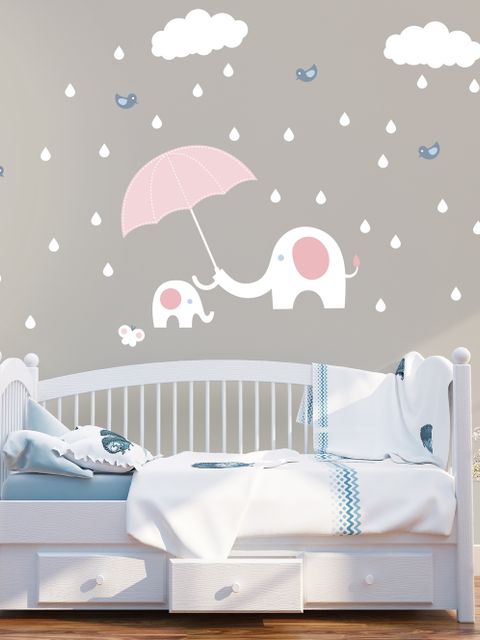 Kids Calf Elephant with White Raindrops and Little Butterfly Wall Decal Sticker