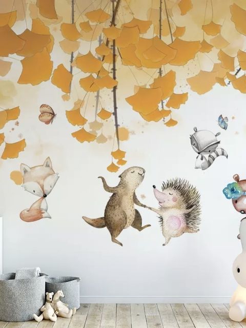 Papier peint feuilles d'automne avec animaux de dessins animés