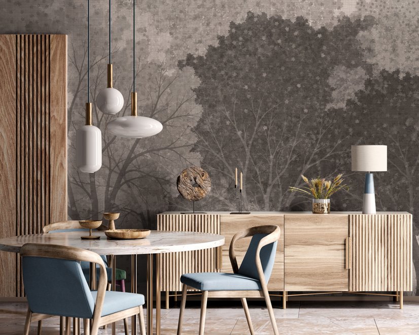 Misty forest nature wallpaper mural in greige, taupe and charcoal watercolour with birds