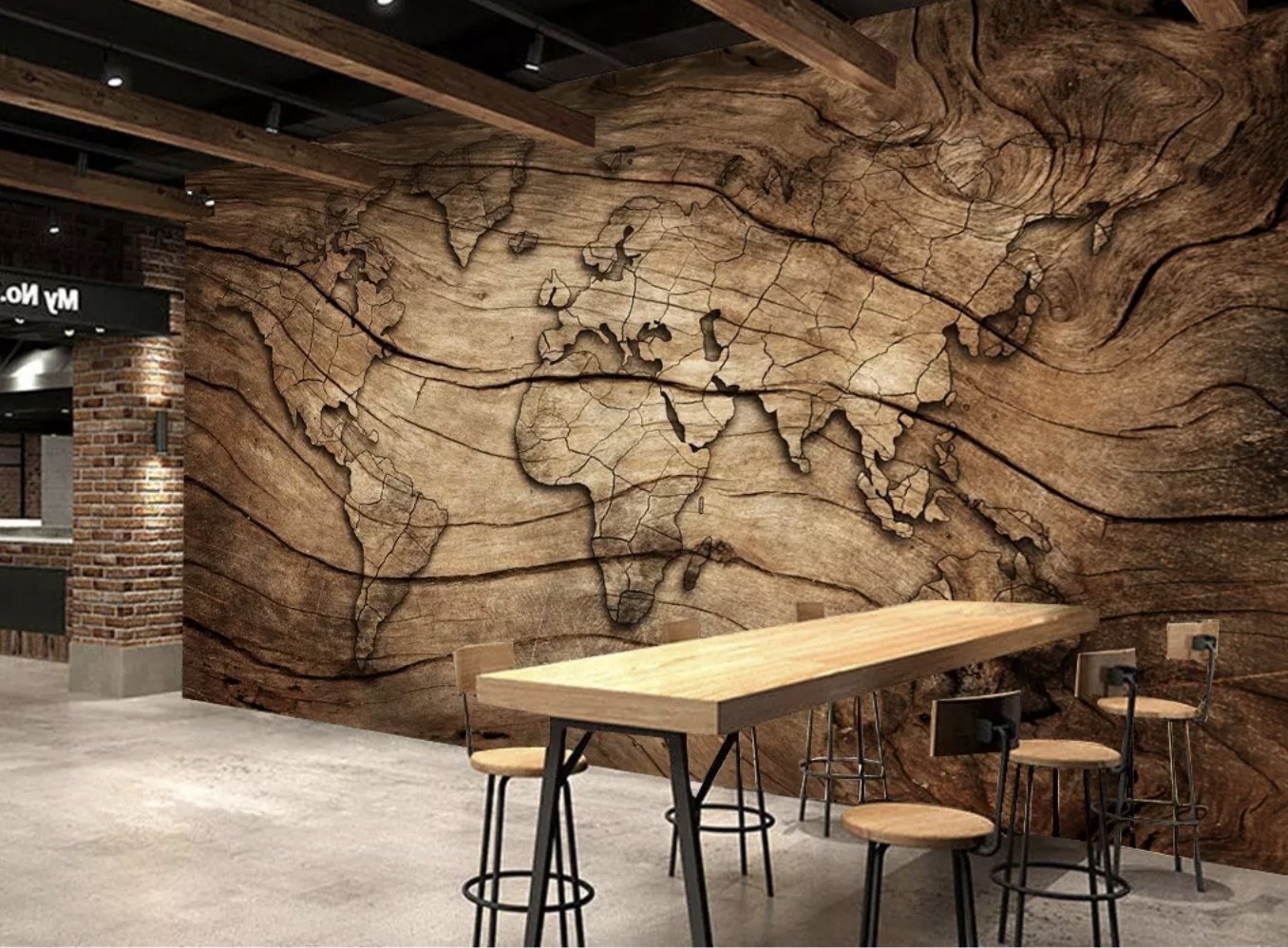Vintage Wood World Map Wallpaper Mural - Peel and Stick