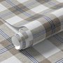 Beige, oat and cream-white plaid wallpaper with fine navy-blue stripes and printed linen texture