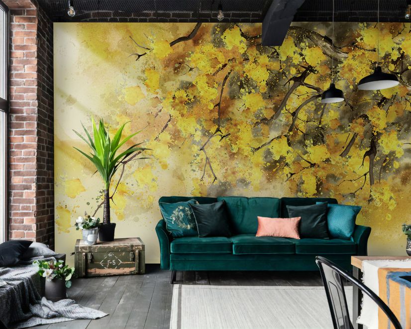 Watercolor Yellow Tree Landscape Wallpaper Mural