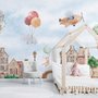 Aquarell Niedliche Häuser mit Fliegenden Tieren Fototapete für Kinder