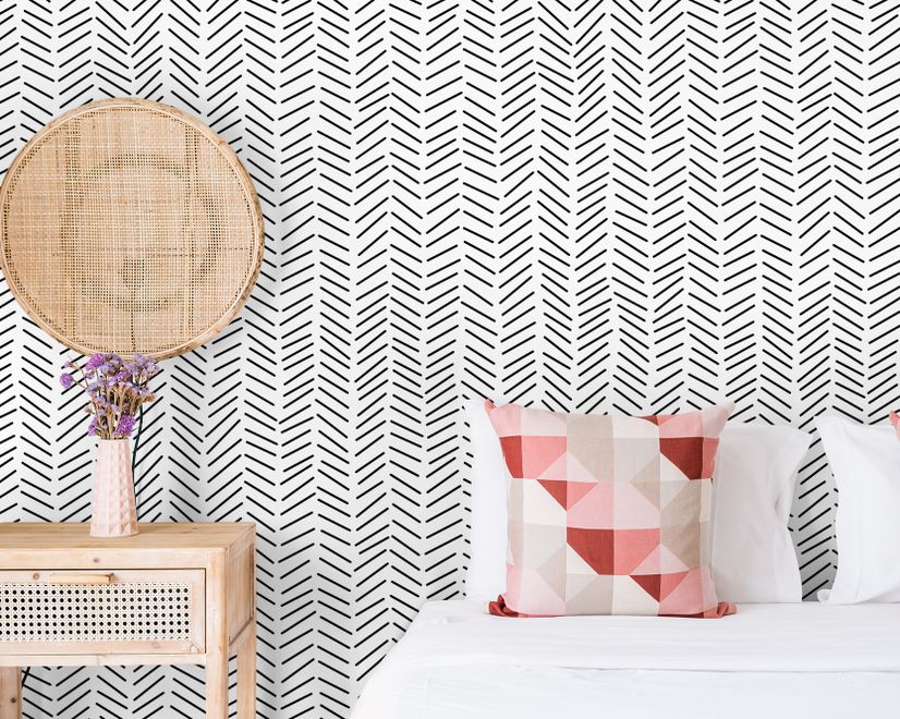 Modern Herringbone Line Black and White  Wallpaper Mural