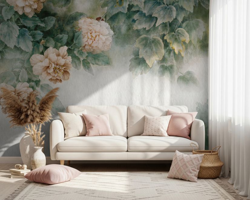 Vintage Floral and Green Leaf Wallpaper Mural