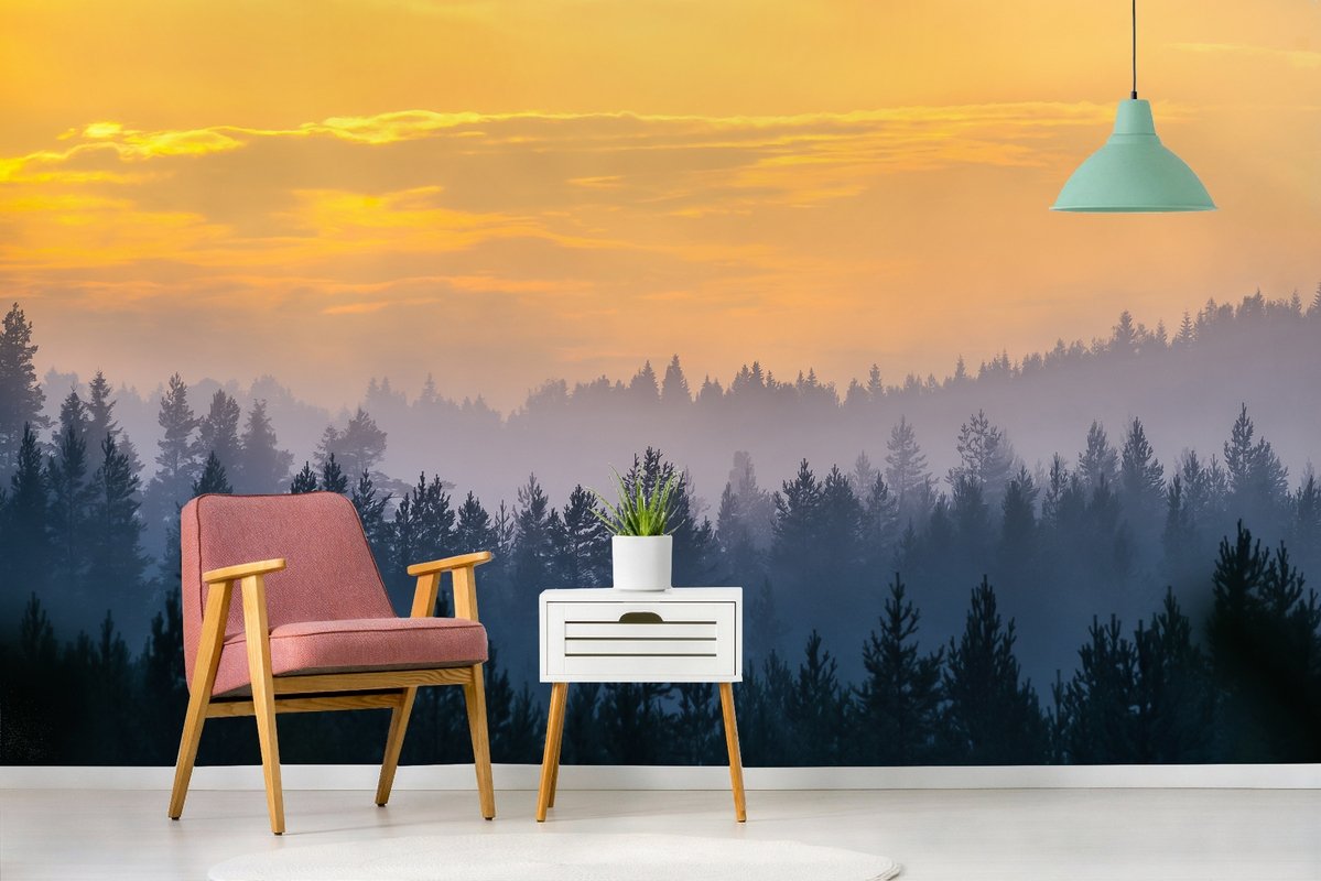 Misty Pine Forest Landscape Wallpaper Mural - Peel and Stick