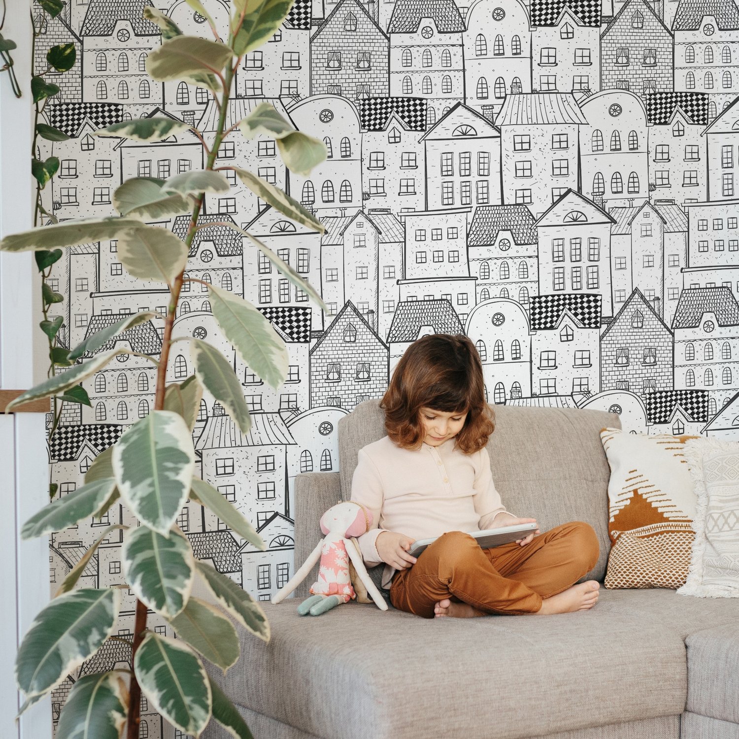 Kids Black and White Sketch House Wallpaper Mural - Peel and Stick