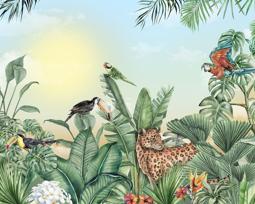 Leopard and Colorful Parrot in the Tropical Forest Wallpaper Mural