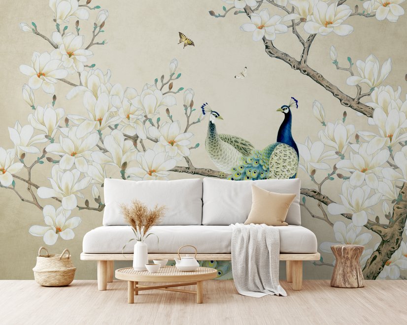 Pfau mit Magnolienblüte Fototapete