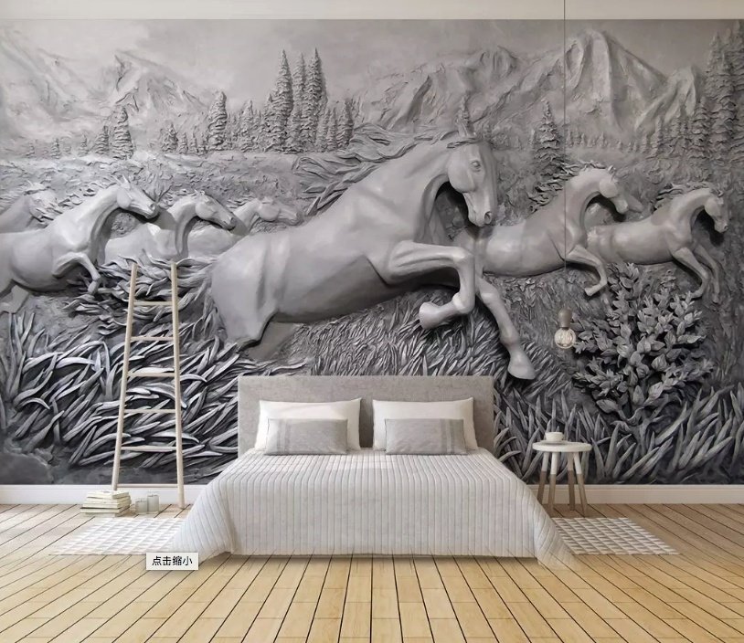 3D Embossed Look Cement Angel Horses Wallpaper Mural - Peel and Stick