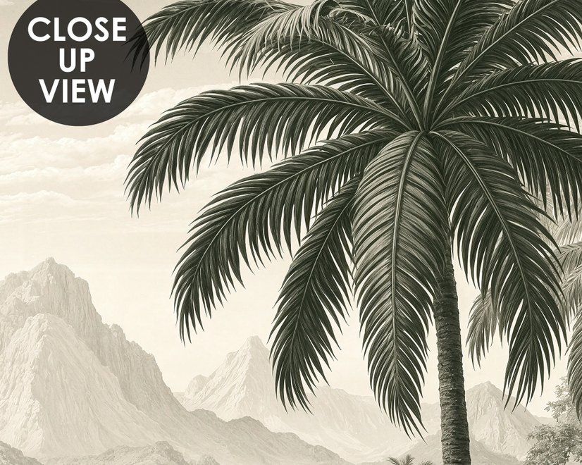 Sepia tropical landscape wallpaper with palms, banana plants, lagoon, bridge and mountains
