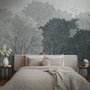 Light gray wallpaper mural with misty forest trees, falling leaves and birds