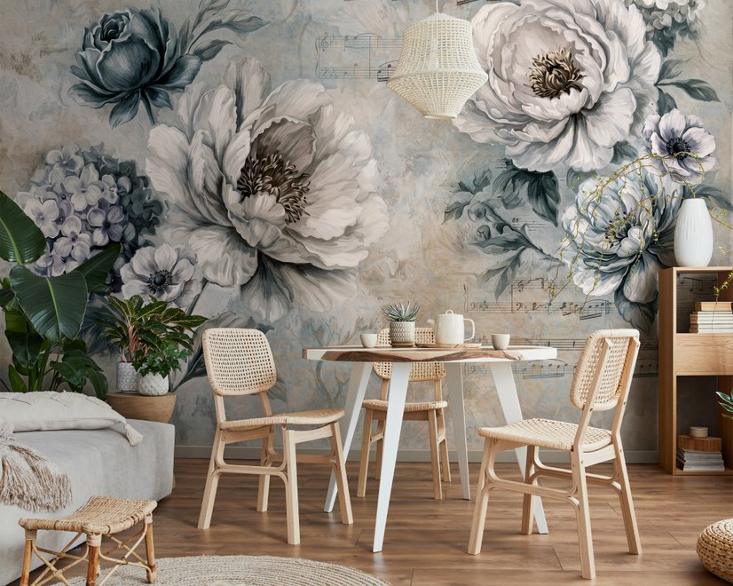 Papier peint panoramique floral avec des notes de musique