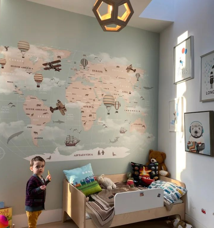 Beige Kids World Map with Hot Air Balloon Wallpaper Mural