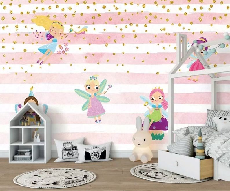 Papier peint panoramique pour enfants avec fée et motif à rayures