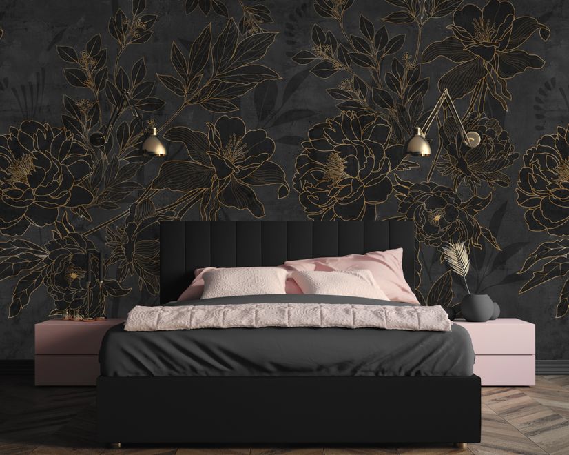 Dark Navy Peony Floral Drawing Art Wallpaper Mural