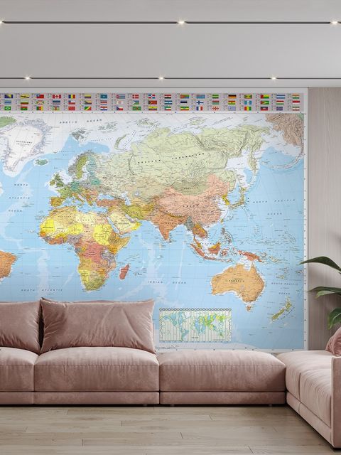 Politische Weltkarte und Länderflaggen Fototapete