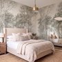 Coastal woodland wallpaper mural with grey trees, sandy path, sea horizon and small white sailboats