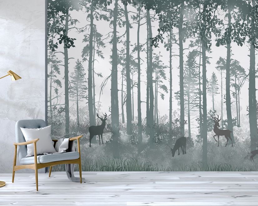 Papier peint forêt sombre et brumeuse avec cerfs à cornes