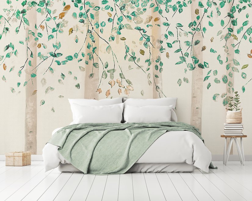 Aquarell-Stil Wald mit grünen braunen kleinen Blättern Fototapete