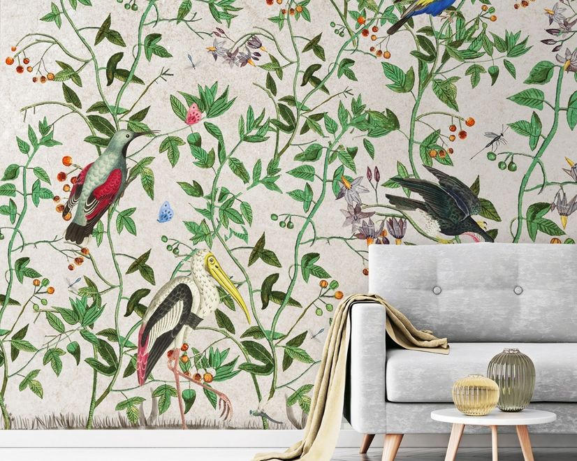 Tropical Green Leaves with Stork and Duck Wallpaper Mural