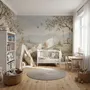 Watercolour woodland wall mural with fawn, rabbits, stone bridge, stream and distant cypress countryside