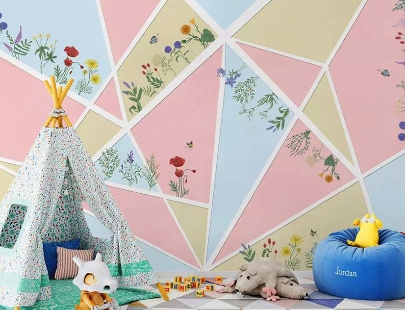 Flowery with Geometric Shapes Wallpaper Mural