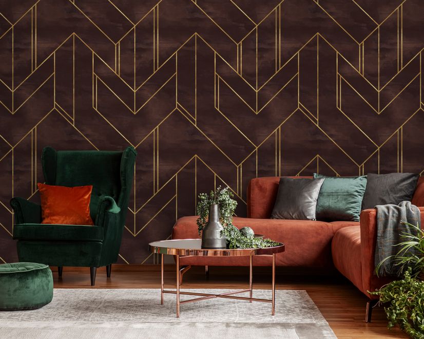 Papier peint panoramique géométrique Art déco avec fausses lignes dorées