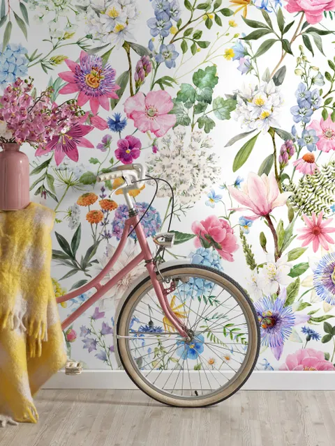 Colorful Spring Pink Wildflowers Wallpaper Mural