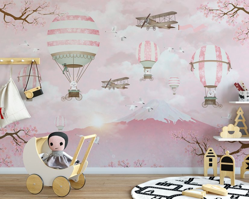 Papier peint montgolfière et paysage de montagne rose