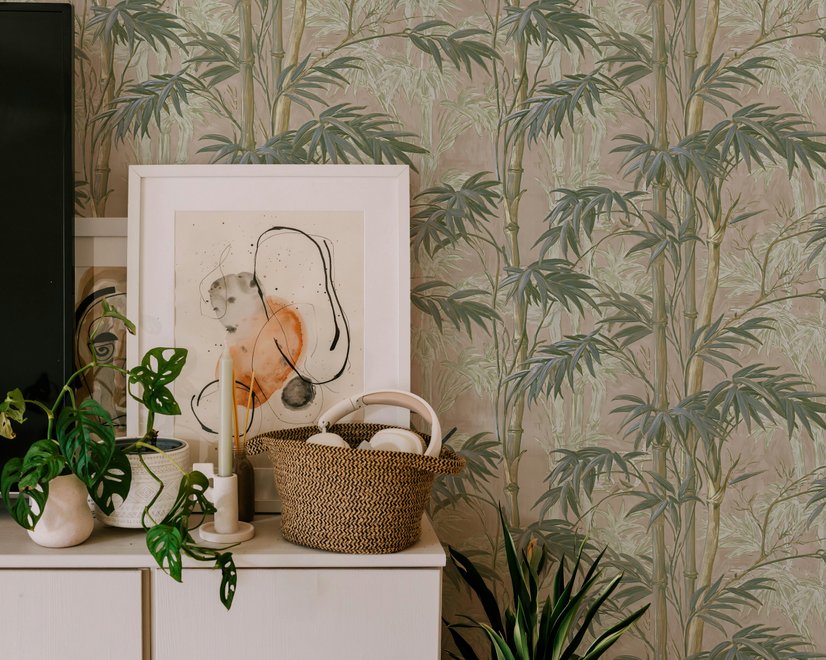 Vintage bamboo wallpaper with sage and smoky blue-green leaves on a warm taupe ground