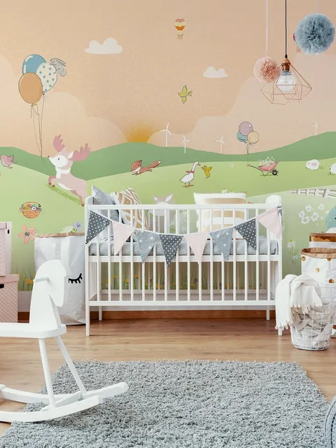 Papier peint panoramique paysage de forêt cartoon pour chambre d'enfant