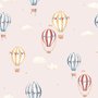 Hot air balloon nursery room wallpaper with watercolour balloons, clouds and stars on a soft blush-pink ground
