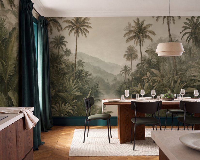 Misty tropical forest wallpaper with palms, pale river and hazy hills in muted green sepia
