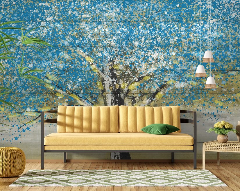 Watercolor Style Blue Tree Wallpaper Mural