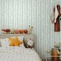 Blue floral stripe wallpaper with pale sky-blue bell flowers, green vines and sage bands on white
