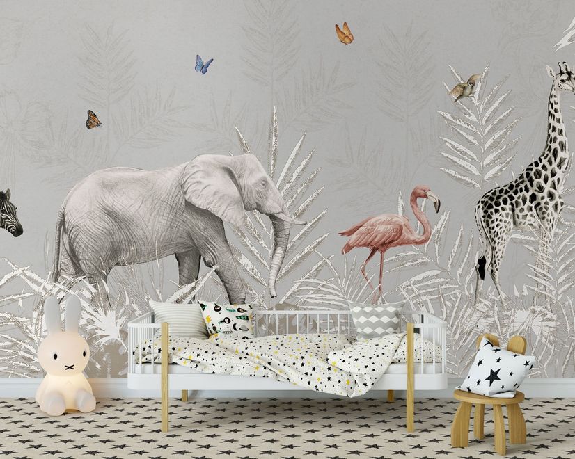 Papier peint animaux tropicaux feuilles enfants
