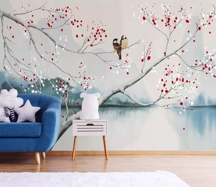 Aquarell-See-Landschaft mit Vögeln Fototapete