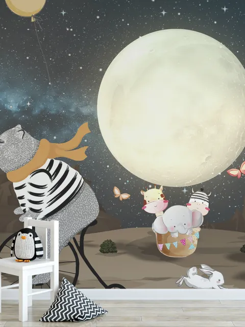 Papier peint Ours de dessin animé et lapin mignon avec la lune