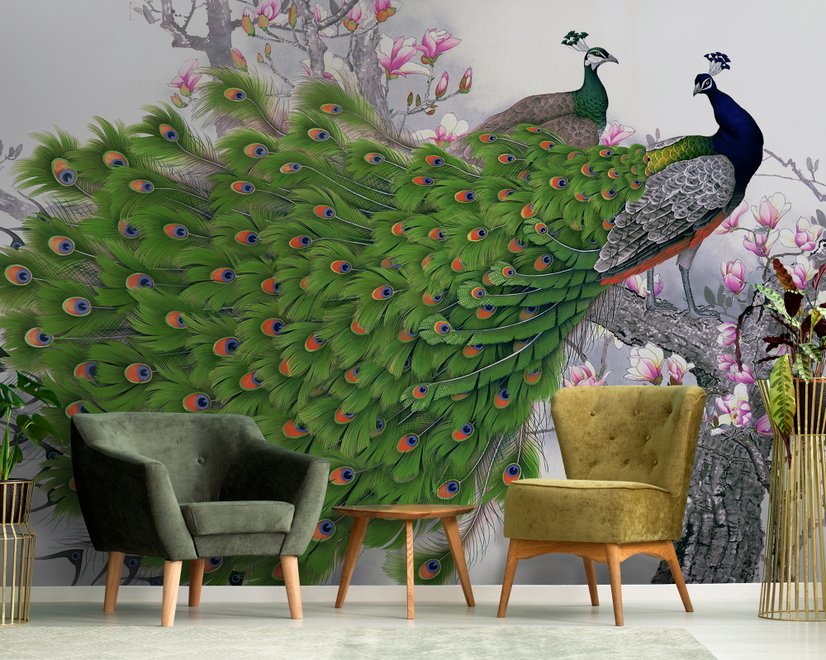 Elegant Peacock with Cherry Blossom Wallpaper Mural