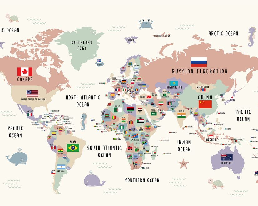 Kids Colorful World Map with Flags Map Wallpaper Mural