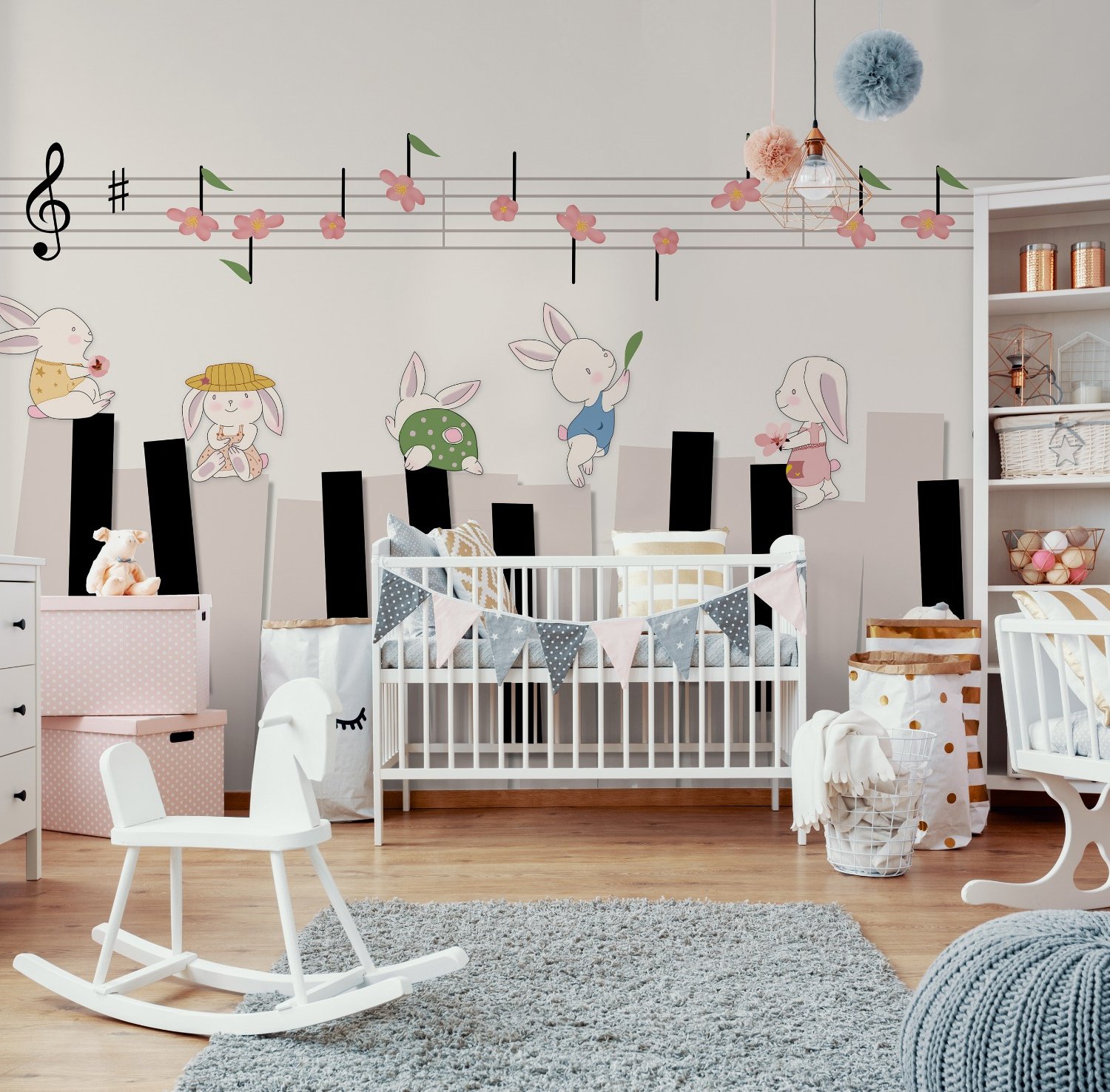 Cartoon Piano with Rabbits Wallpaper Mural - Peel and Stick
