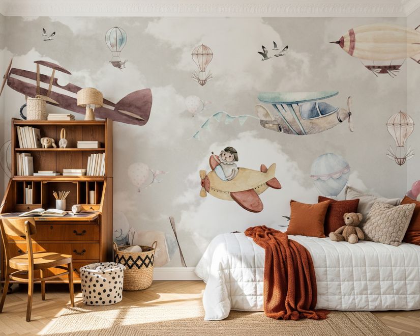 Papier peint panoramique de la chambre d'enfant Animaux de dessins animés volant avec un avion