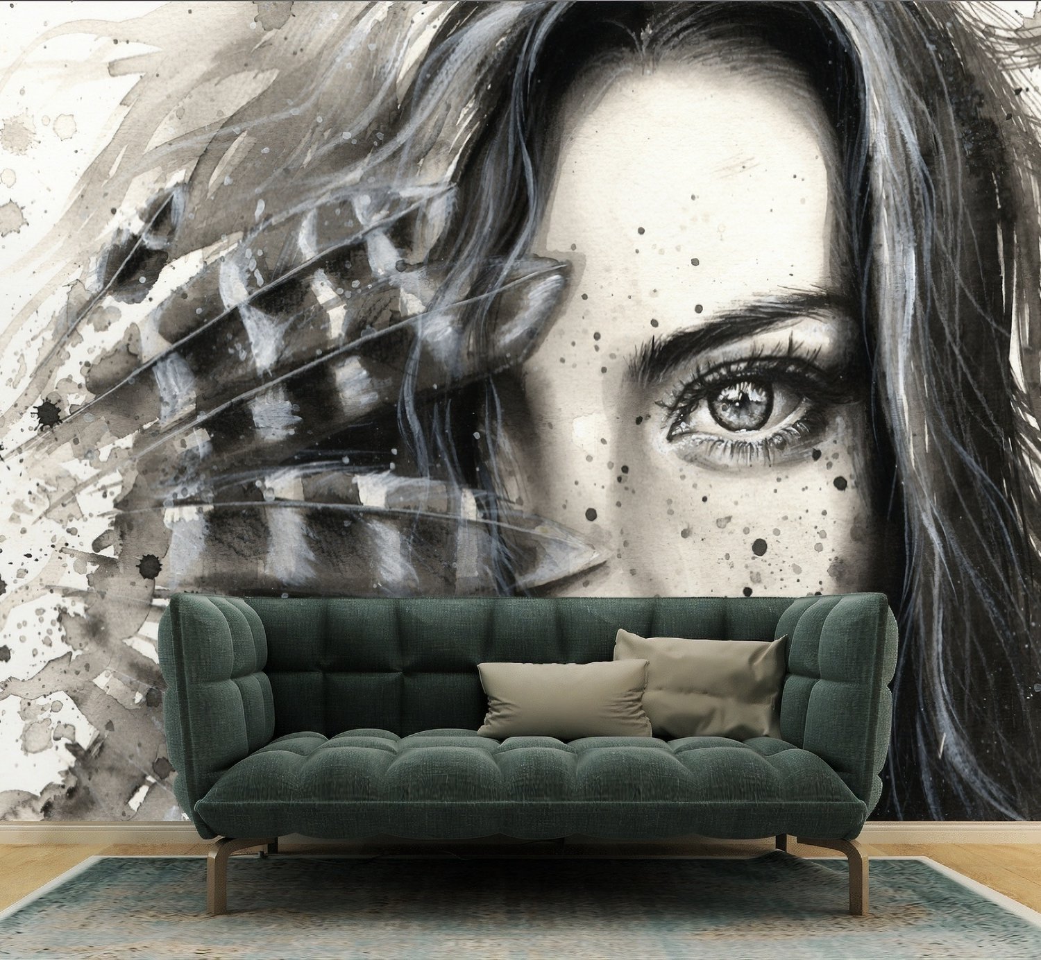 Monochrome Portrait Girl with Black Feathers Wallpaper Mural - Peel and Stick