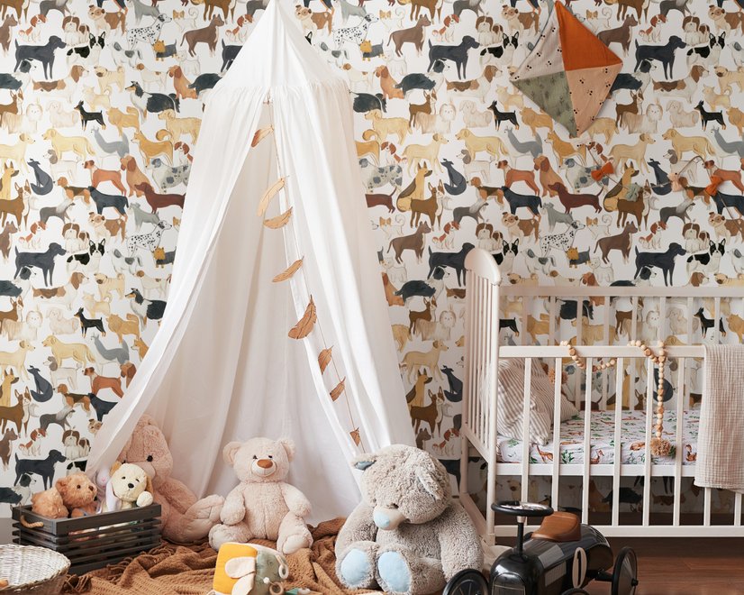 Zoomie kids wallpaper with painted dog breeds in tan, brown, black and grey on white