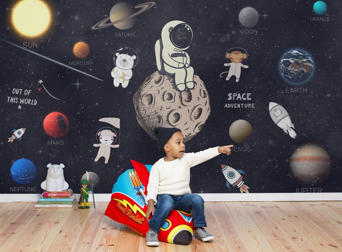 Astronaut and Animals in Space Wallpaper Mural for Children - Peel and Stick
