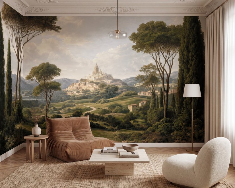Vintage oil painting wallpaper of cypress trees, villas and a domed cathedral in an Italian landscape