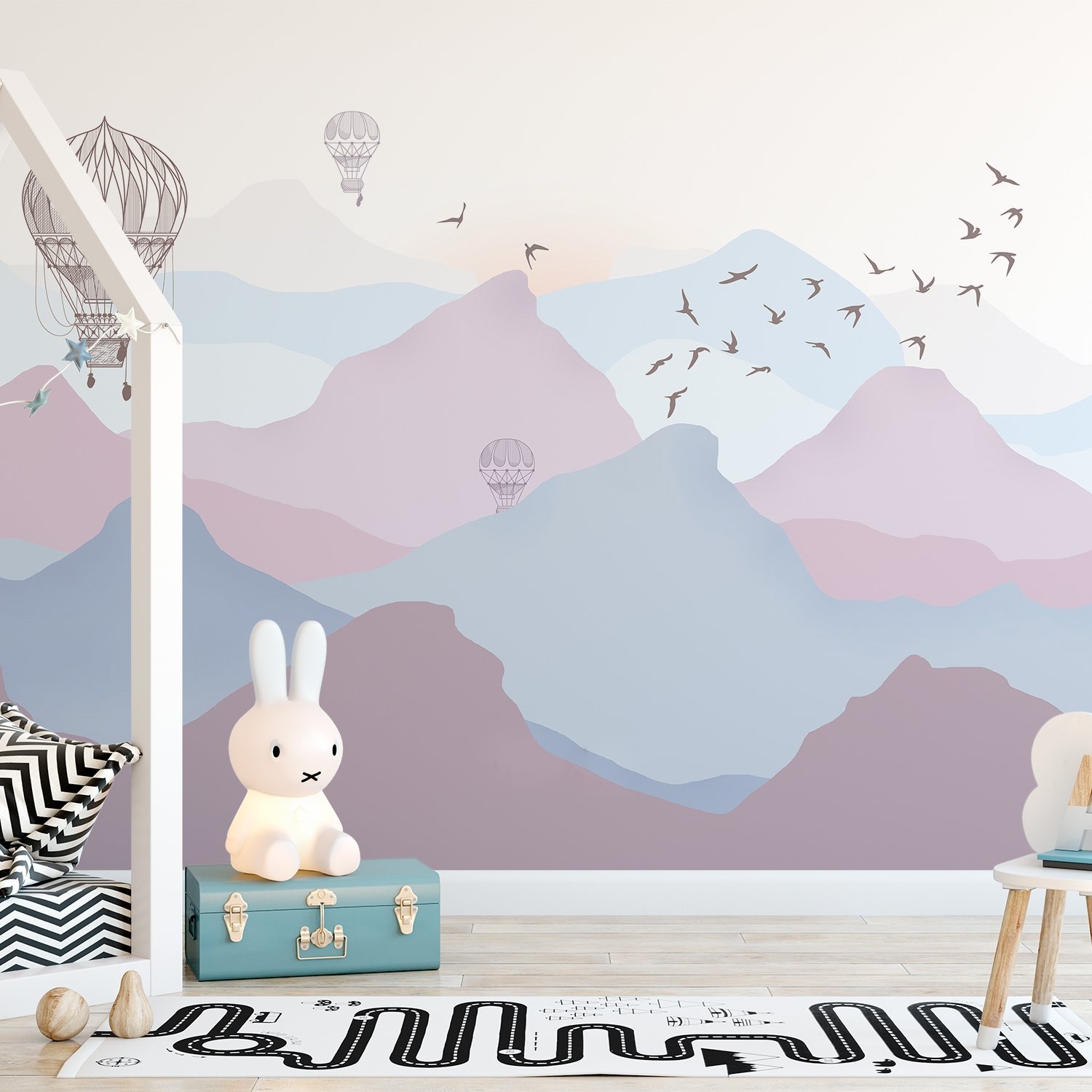 Kids Soft Misty Mountain Landscape and Old Hot Air Balloons - Peel and Stick