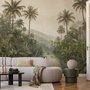 Misty tropical forest wallpaper with palms, pale river and hazy hills in muted green sepia