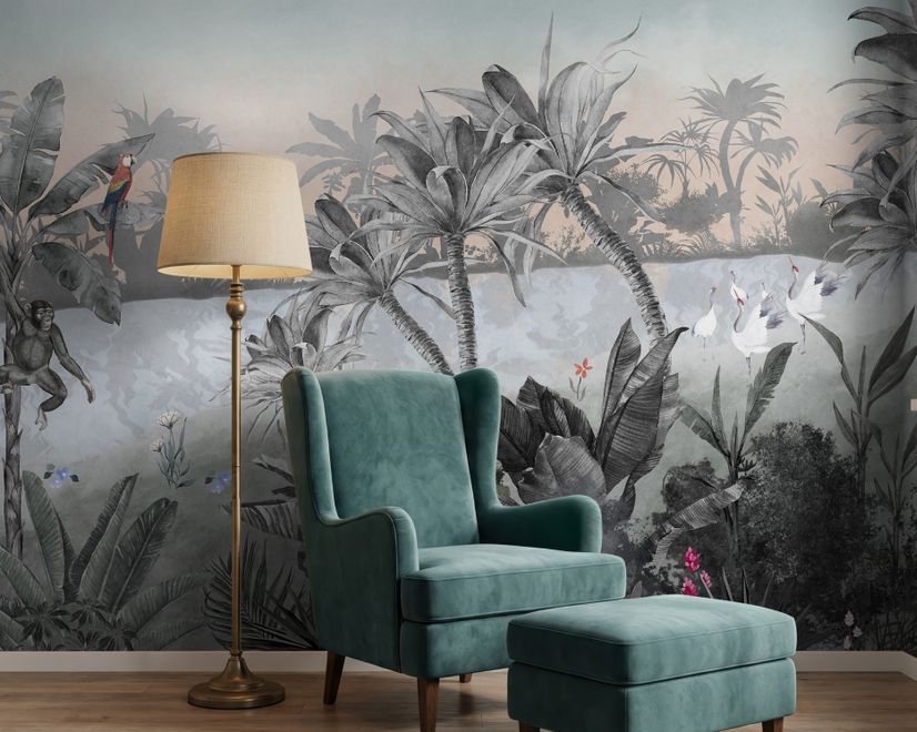 Colorful Parrot and Cute Monkey with Soft Forest Wallpaper Mural